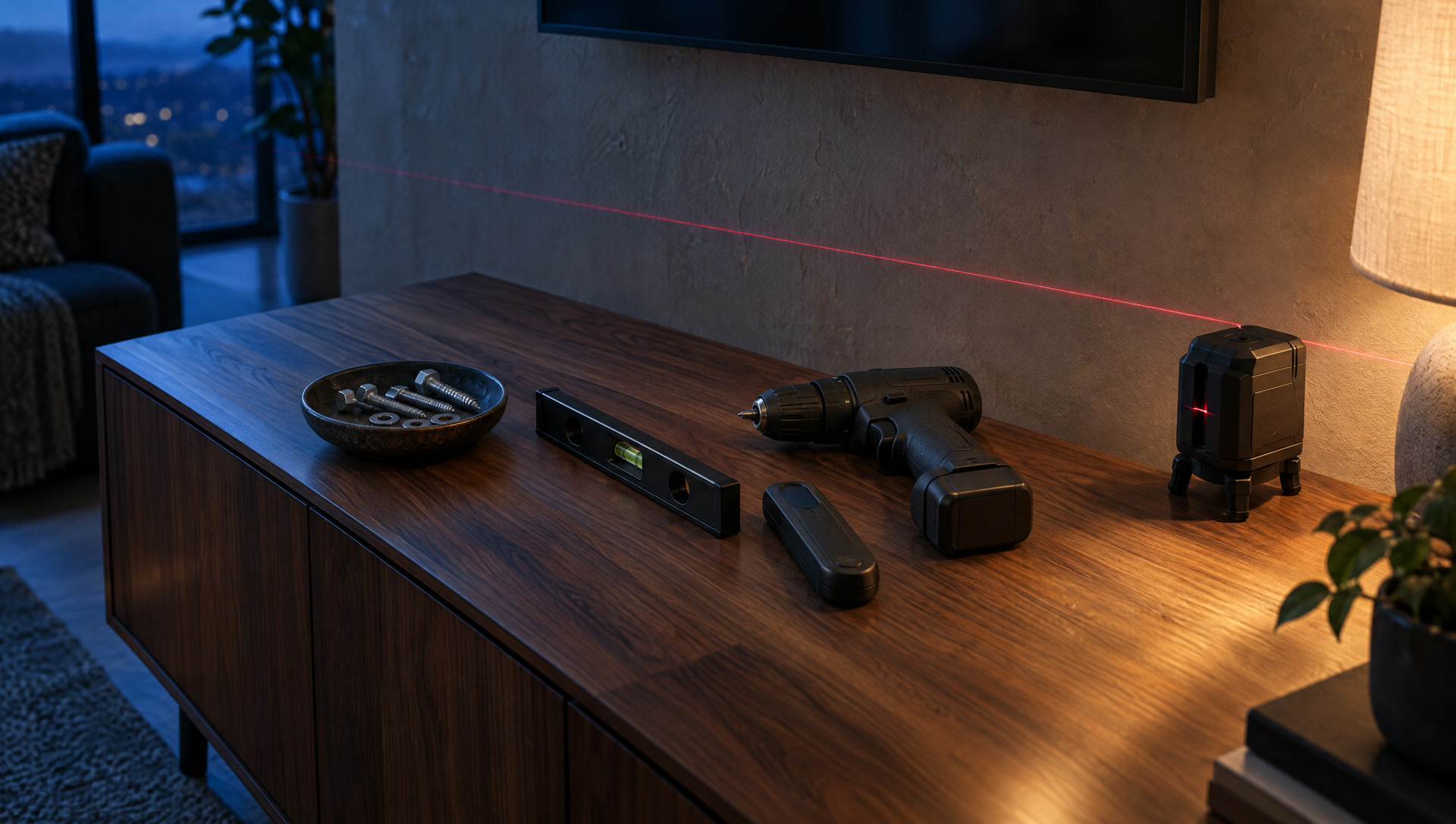 A laser level throwing a red line across a plaster wall, with a drill, stud finder, level, and lag bolts laid out on a walnut console.